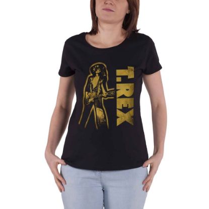 图片 T Rex T Shirt Guitar Stance Distressed Logo new Official Womens Skinny Fit Black