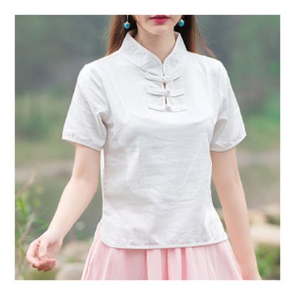 图片 Plate Button Splicing Stand Collar Short T-shirt