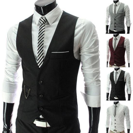 图片 Share  (Black, S) Men Vests, Waistcoat, V Neck Sleeveless, Buttons Blazer Plus Size, Formal Business Jacket