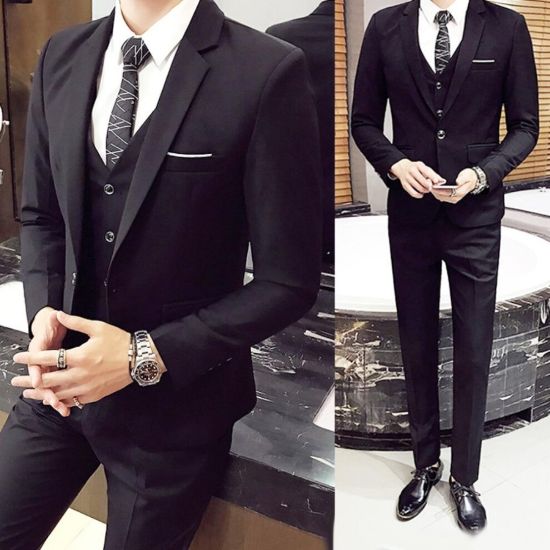 图片 (Black, M) Formal Blazer+Vest+Pants Suits Sets For Men,s Wedding/Office/Business Suit