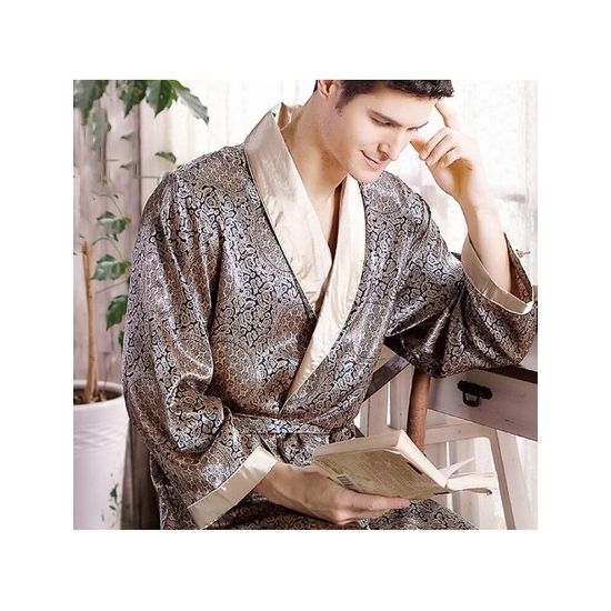 图片 (Blue Gold, M) Nightgown Summer Satin Kimono Gown Casual Sleepwear