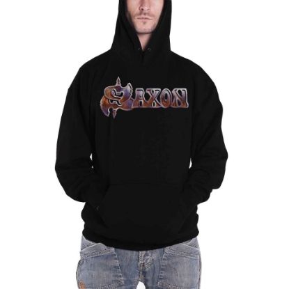 图片 (XXL, Black) Saxon Hoodie Crusader Band Logo British Metal new Official Mens Black Pullover