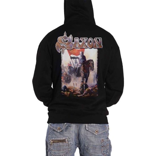 图片 (XXL, Black) Saxon Hoodie Crusader Band Logo British Metal new Official Mens Black Pullover