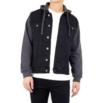 图片 Brave Soul Hudson Denim Hooded Jacket, Contrast Sleeves, Pockets, Black - Size S