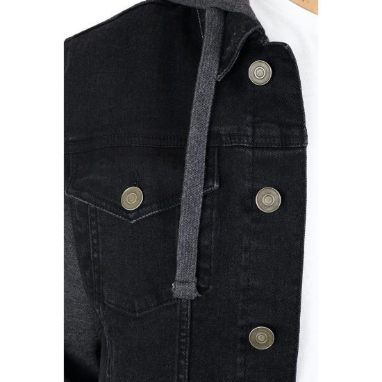 图片 Brave Soul Hudson Denim Hooded Jacket, Contrast Sleeves, Pockets, Black - Size S