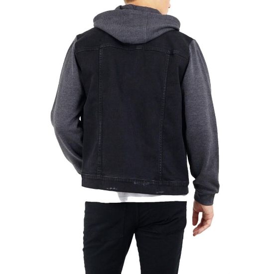 图片 Brave Soul Hudson Denim Hooded Jacket, Contrast Sleeves, Pockets, Black - Size S