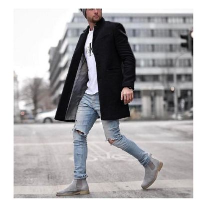 图片 (Black/S) Men Solid Color Casual Wool Coat Long Blends Winter Casual Overcoat