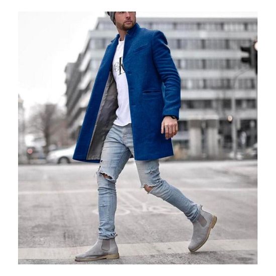 图片 (Black/S) Men Solid Color Casual Wool Coat Long Blends Winter Casual Overcoat