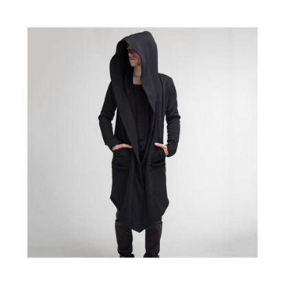 图片 (Black, M) Casual Open Stitch Hooded Long Cloak Cape Coat