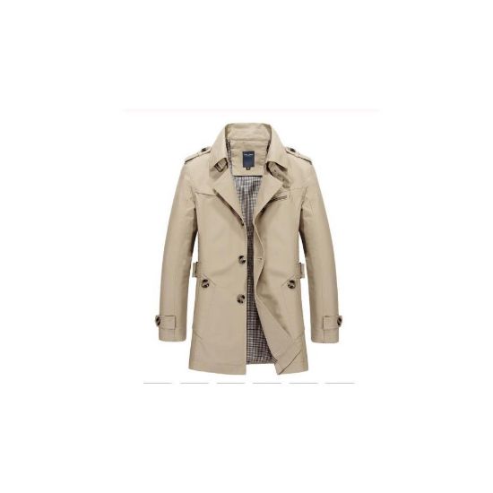 图片 (Khaki, M) Male Casual Jacket, Long Trench Coat, Cotton Washed Classic Breasted Overcoat