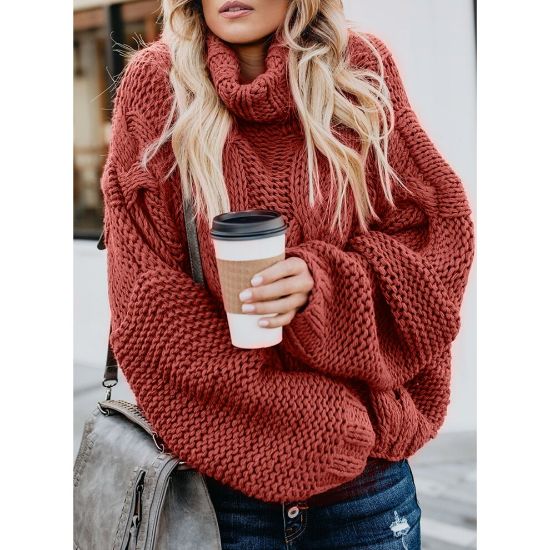 图片 Women Cable Knit Turtleneck Sweater Long Sleeve Pullover Jumper