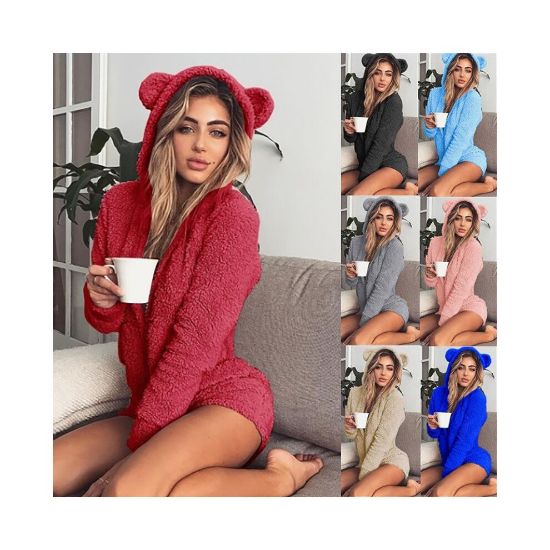 图片 Women's fluffy faux wool hooded shorts pajamas jumpsuit