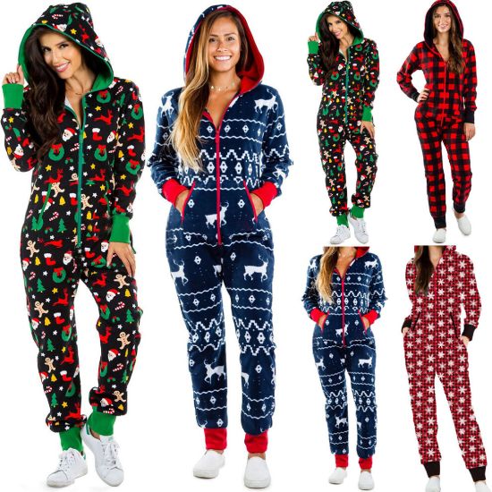 图片 Holiday Onesie Unisex Full Zip Up Tops Christmas Print Hooded Sleepwear One Piece Set New