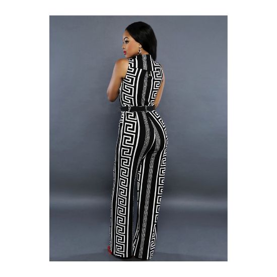 图片 Black Geo Print Wide-Leg Jumpsuit w/ Metal Belt