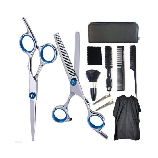 图片 Salon Equipment Hair Cutting Scissors Set Professional 10 Pcs Hairdressing Kit Shears Set Thinning Shears Razor Comb Clips Cape For Home Barber