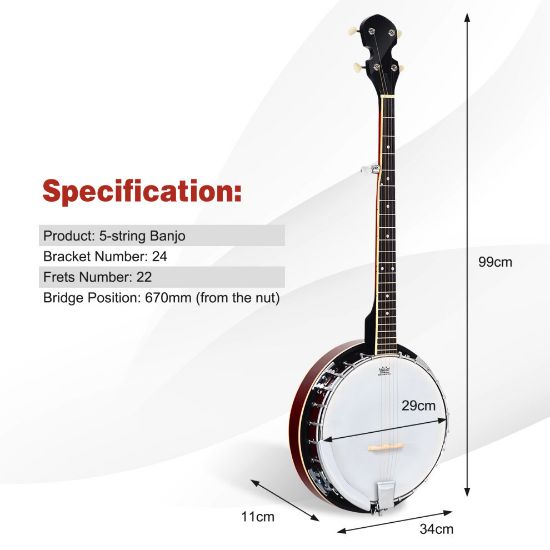 图片 Costway 5 String Concert Banjo 39 Inch Banjos Kit w/Remo Head Digital Tuner