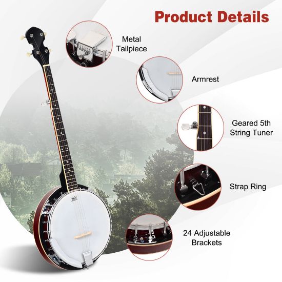 图片 Costway 5 String Concert Banjo 39 Inch Banjos Kit w/Remo Head Digital Tuner