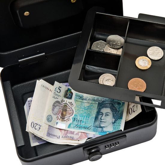 图片 DESKIT 8" Cash Box Safe with Lock and 2 Keys | Secure Money Cash Tin with Tray for Petty Cash and Coins | Black | Steel