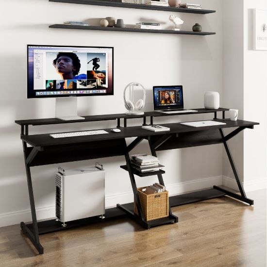 图片 Computer Desk for Two Person Z-Shaped with Monitor Riser Storage