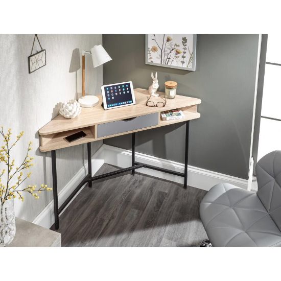 图片 (Light Oak) Concrete Grey Corner Desk Home Office PC Workstation Black Metal Legs and Drawer