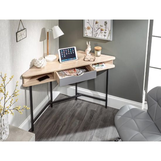 图片 (Light Oak) Concrete Grey Corner Desk Home Office PC Workstation Black Metal Legs and Drawer