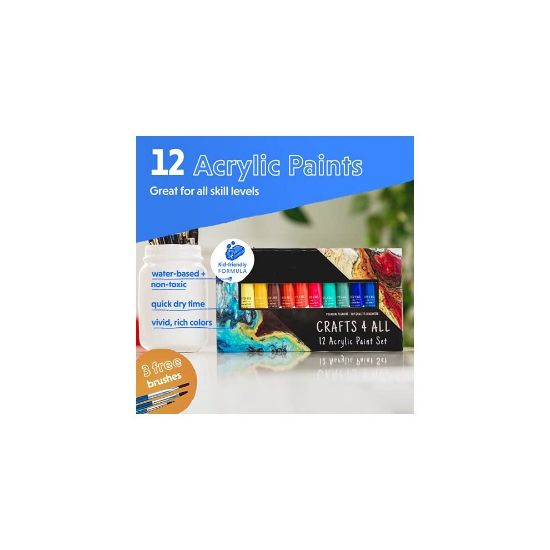 图片 Crafts 4 ALL Acrylic Paint Set - 12 Paints for Canvas, Wood, Ceramic, Fabric - Non Toxic, Vibrant Pigments for Beginners, Students and Professional