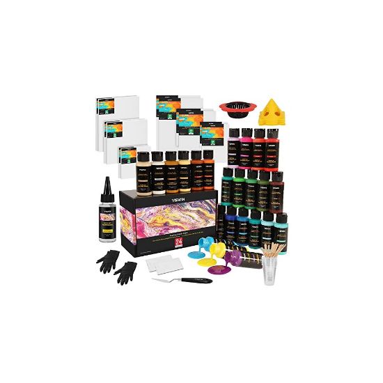 图片 VISWIN Acrylic Pouring Paint Set, Set of 24 Bottles (2.03oz/60ml), Pre-Mixed High Flow Artist Pouring Paint Kit with Silicone Oil, Cups, Gloves,