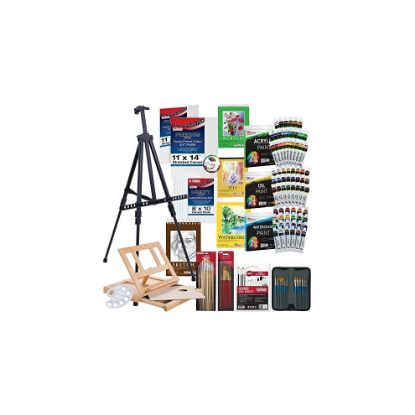 图片 U.S. Art Supply 133-Piece Deluxe Ultimate Artist Painting Set with Aluminum and Wood Easels, 72 Paint Colors, 24 Acrylic, 24 Oil, 24 Watercolor, 8 Can