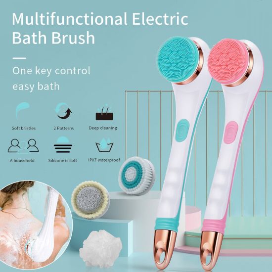 图片 Electric Massager Silicone Bath Brush Back Scrubber 4 Brush Heads USB Rechargeable Rotating Shower Brush 2 Speeds Long Handle