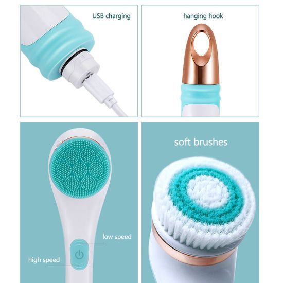 图片 Electric Massager Silicone Bath Brush Back Scrubber 4 Brush Heads USB Rechargeable Rotating Shower Brush 2 Speeds Long Handle