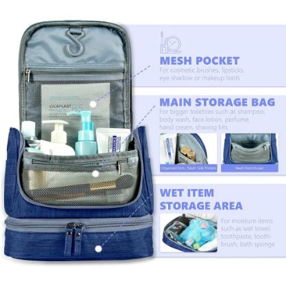 图片 Hanging Toiletry Bag for Men Women, Large Wash Bag Dry Wet Separation, 600D Oxford Waterproof Makeup Cosmetic Organizer with Hook & 11 Compartments