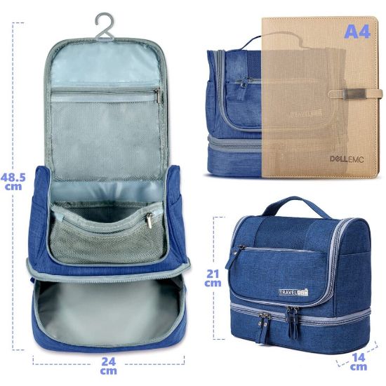 图片 Hanging Toiletry Bag for Men Women, Large Wash Bag Dry Wet Separation, 600D Oxford Waterproof Makeup Cosmetic Organizer with Hook & 11 Compartments