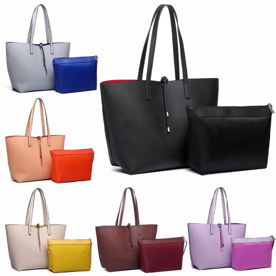 图片 Miss Lulu Reversible Faux Leather Handbag & Pouch