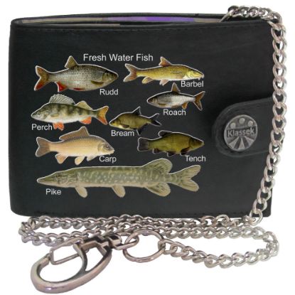 图片 (With Chain) Freshwater Fishermans Fishing Mens Wallet Chain Leather Coin Pocket Klassek RFID Blocking Credit Card Slots and Metal Gift Box